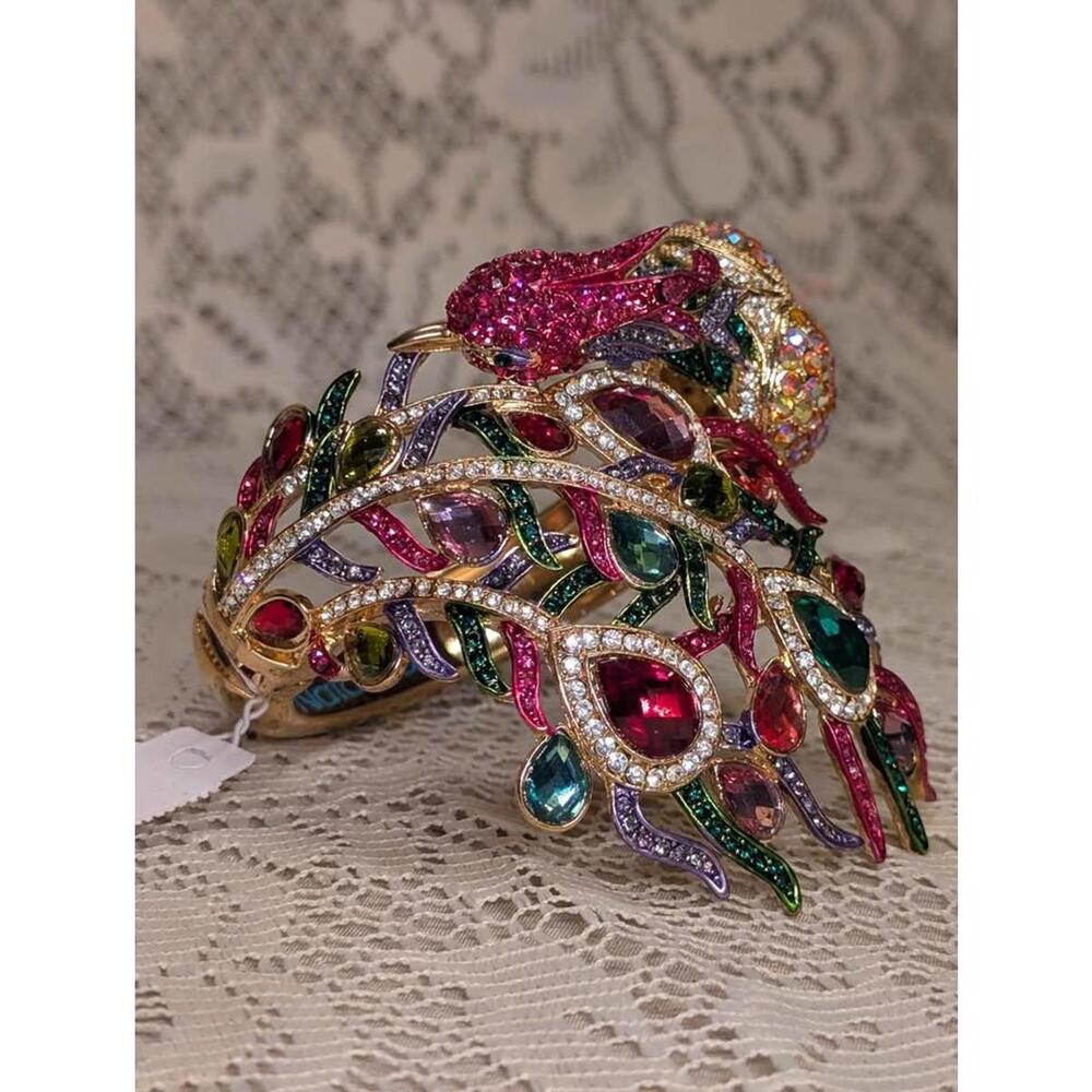 NWT - Natasha Bird of Paradise Peacock Crystal Hinged Cuff Bracelet